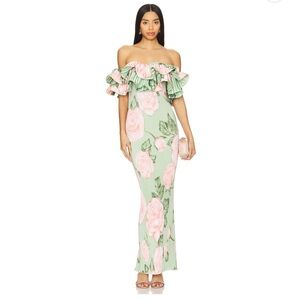 Strapless Floral Maxi Dress in Green and Pink